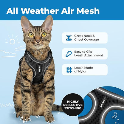 Voyager Escape-Proof Step-in Lock Cat Harness & 5ft Neoprene-Handle Leash Set All-Weather Mesh with Reflective Stitching for Small to Large Cats by Best Pet Supplies, Black (327), S