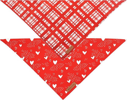 Realeaf Valentine's Day Dog Bandanas 2 Pack, Reversible Red Plaid Heart Dog Scarf for Boy and Girl, Premium Durable Fabric, Holiday Love Bandana for Large and Extra Large Dogs Pets (Small)