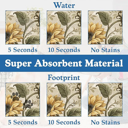 Vintage Sunflower Pet Feeding Mat for Floors–Christmas Stocking Absorbent Quick Dry Dog Cat Bowl Mat for Food and Water, Non Slip Waterproof Base, Mess-Free Feeding Accessories 12"x20"