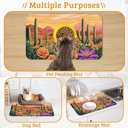 Pet Feeding Mat,Cactus Absorbent Dog Cat Food Mat Desert Dog Mat with Rubber Backing,Non-Slip Water Bowl Placemat,Pet Supplies 16" x 24"