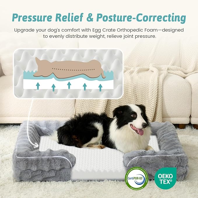 Orthopedic Dog Bed for Large Size Dog, Soft and Warm Faux Fur Extra Large Sofa for Pet Up to 100 lbs, Foam Bolster Anti-Slip Couch with Washable Removable Cover, XL 44x32x7 inch, Grey