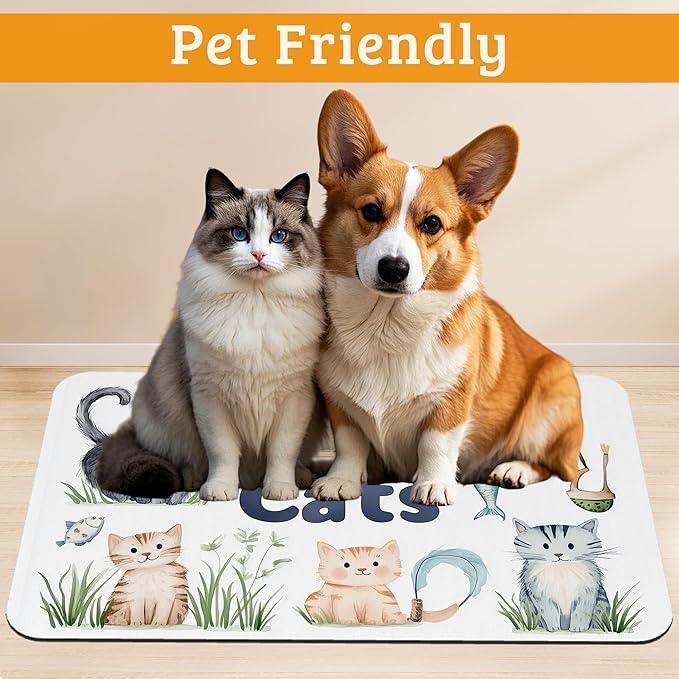 Cats Dog Food Mat,Cute Fun Absorbent Pet Feeding Mat for Food and Water Bowl,Quick Dry Dog Placemat Non Slip Rubber Backing Waterproof Pet Supplies 12" x 20"