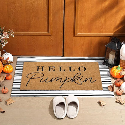 Tinideya 2 Pcs Door Mat Welcome Non Slip Coir Mats Floor Layering Doormats Seasonal for Front Porch Entryway Decor(Hello Pumpkin)