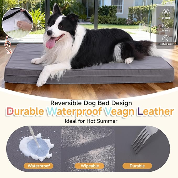 XXL Dog Bed for Large Dogs, Waterproof XXL Dog Crate Pad with Orthopedic Egg Crate Foam Reversible & Washable Cover, Egg Crate Foam, Anti-Slip, 47" x 29", Gray
