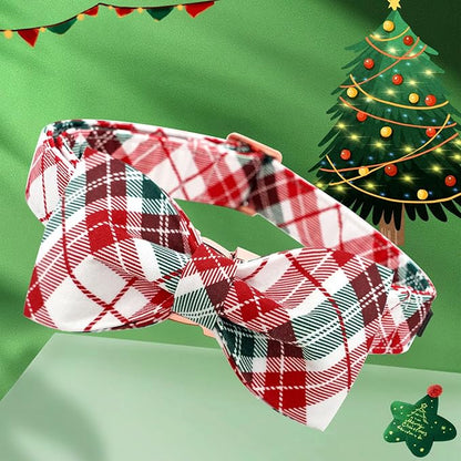 Dog Collar, Christmas Dog Collar Plaid Pet Collar Bow Holiday Bows Girl Boy Puppy Collar Adjustable Pet Collar for Large Dogs