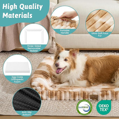 Cute Dog Bed for Extra Large Dogs, Faux Rabbit Fur Orthopedic Dog Bed with Sides, Removable Washable Cover & Waterproof Lining, Comfortable Pet Couch, Tie-Dye Brown (48" L x 35" W x 7.5" Th)