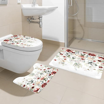 4 PCS Red Burgundy Floral Flower Shower Curtain Set 72Wx72H Inch Watercolor Pastel Complete Bathroom Set Non-Slip Bath Rug Toilet Lid Cover and U Shape Mat Accessories 12 Hooks Bathoom Decor