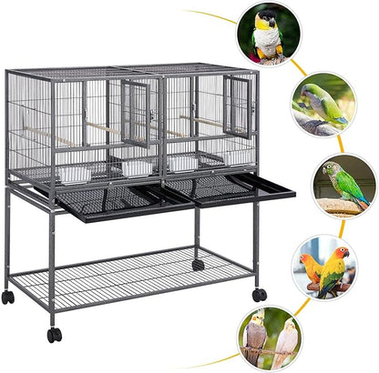 Yaheetech Stackable Divided Breeder Breeding Parakeet Bird Cage for Canaries Cockatiels Lovebirds Finches Budgies Small Parrots with Detachable Rolling Stand, Black