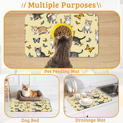 Dog Bowl Mat,Cute Cats Pet Feeding Mat for Floors Waterproof,Butterfly Absorbent Dogs Placemat for Food and Water Quick Dry Pet Cat Feeding Mats with Non Slip Bottom 12" x 20"