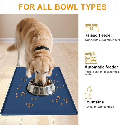 Mofason Pet Food Mat Waterproof Dog Mat 24”x16” Large – 0.5” inch Raised Edge, Pet Cat Silicone Feeding Placemat Water Bowl Tray for Floors, Nonslip Washable Dog Mat for Food and Water
