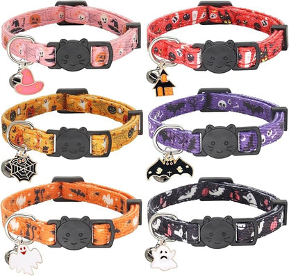 Halloween Cat Collar, Cotton 2 Pack Cat Collar with Bells, Breakaway Collars for Girl Boy Cats Kittens, Halloween Pink
