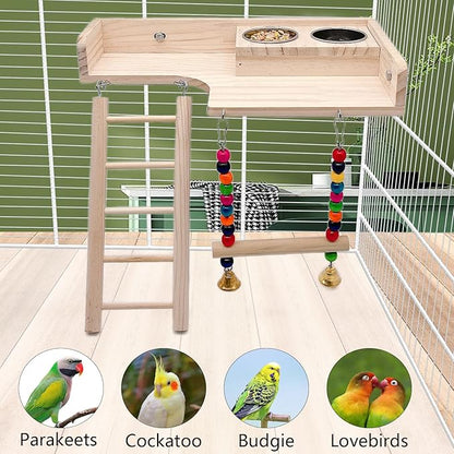 kathson Bird Perches Platform with Climbing Ladder and Swing,Parrot Cage Playground Toys with Food Cups,Parakeet Playing Gyms Wooden Exercise Training Stands for Budgie,Lovebird,Cockatiels