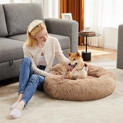 Sweetcrispy Donut Dog Bed, Large Round Calming Cat Bed with Washable Waterproof Cushion, Anti-Anxiety & Anti-Slip Fluffy Cuddle Cozy Faux Fur Plush for Pet Puppy Indoor Sleeping (30.7"x30.7", Brown)