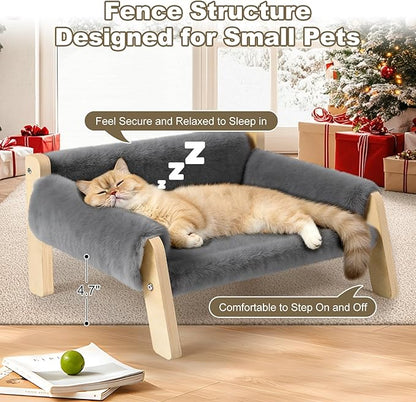 Elevated Cat Couch Bed for Indoor Cats - Wooden Pet Sofa with Removable Washable Thick Cover Raised Kitty Lounge Chair Suitable for Puppy or Small Animals(Cat Sofa Light Grey)