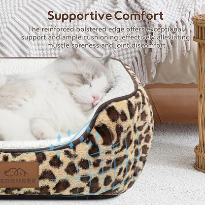 Rectangle Cat Dog Bed for Large Medium Small Pets Indoor Outdoor Machine Washable Sleeping Sofa Non-Slip Bottom Soft Puppy Bed Durable Orthopedic Calming Pet Cuddler (Medium, Leopard)