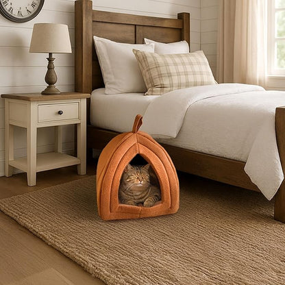 Cat House - Indoor Cat Bed with Removable Foam Cushion - Pet Tent for Kittens, Rabbits, Guinea Pigs, and Other Small Animals by PETMAKER (Brown)