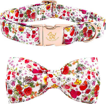 Elegant little tail Dog Collar, Pink Rose Print Pet Collar Summer Dog Collar Durable Metal Buckle Dog Collars Cotton Pet Adjustable Dog Collars for X-Large Dogs