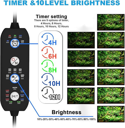 SEAOURA 24/7 Mode Led Aquarium Light for Plants Growth-Full Spectrum Fish Tank Light with Timer, Auto On/Off, 7 Colors, Adjustable Brightness, for 12 to 18 Inch Freshwater Tank