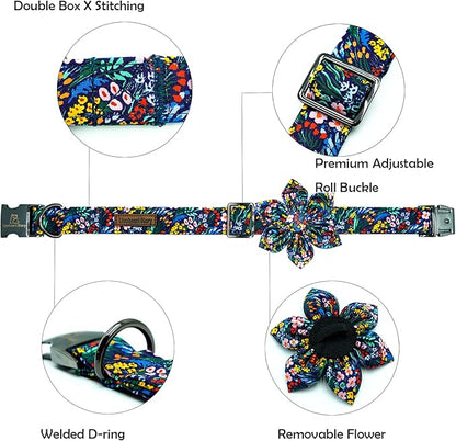 Lionheart Glory Floral Dog Bow Collar - Dark Blue, Adjustable, Durable for Small Dogs