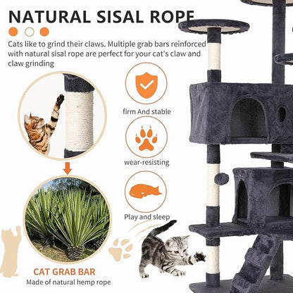 Cat Tree for Indoor Cats, Multi-Level Cat Tower with Scratching Posts & Cozy Condo, Space Saving Cat Activity Center, Durable Pet Play House (54in,Ashy)