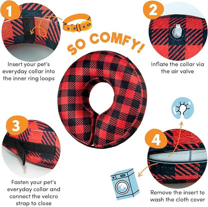 BENCMATE Inflatable Dog Cone Collar Alternative, Soft Dog Cone for Small Medium Large Dogs and Cats, Neck Recovery ECollar Donut Collar After Surgery (XLarge, Plaid)
