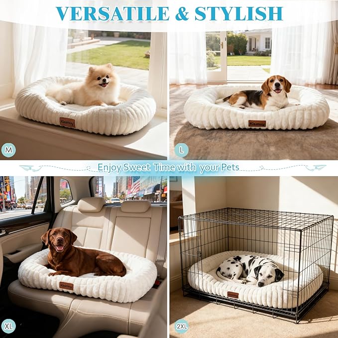 Washable Dog Bed for Medium Dogs – Soft Plush Calming Puppy Bed with Anti-Slip Bottom & Portable Handle, Orthopedic Rectangle Anti-Anxiety Pet Bed for Kennel/Crate, 30"x24"x5", Cream