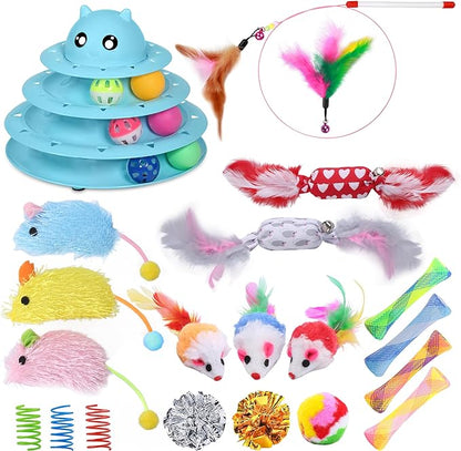 UPSKY 24 PCS Cat Toys, 3-Level Turntable Kitten Toys Set, Interactive Cat Roller Toys for Indoor Cats, Catnip Toys, Cat Teaser Toys, Mice Toys, Spring Toys, Various Ball Toys for Kitty