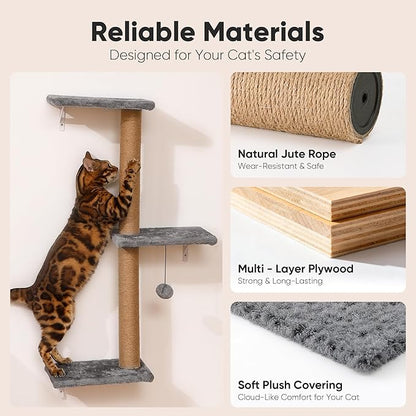 FUKUMARU Cat Wall Shelves, Stable & Safe 4 in 1 Cat Wall Mounted Furniture Set, Wooden Climbing Tree with Scratching Post for 16 Inch Drywall - Gray