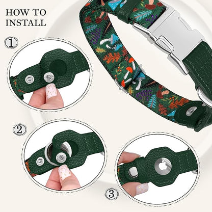 AirTag Dog Collar for Small Medium Large Breed - Adjustable Cute Pattern Dog Collar with Airtag Holder - Soft Leather Tracker GPS Apple Air Tag Pet Collars (Medium, 14"-18" Neck Fit, Mushroom)