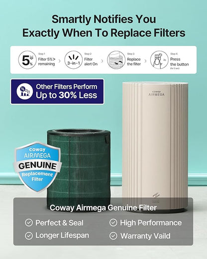 COWAY Air Purifier for Large Room Whole Home Up to 2,640 ft², HEPA Filter for Smoke, Allergen, Pet Dander, Odor, PM 10 AQI, Turbo Eco Mode, Timer, Energy Star, 3yr Warranty, Airmega 350 Beige