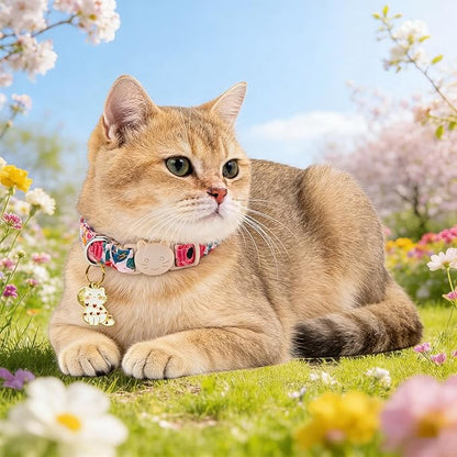 Spring Cat Collar-2 Pack Collars Strawberry and Flower Print Breakaway with Kitten and Bell Pendant Safety Buckle Adjustable Pet Collar Gift for Cats and Small Pets