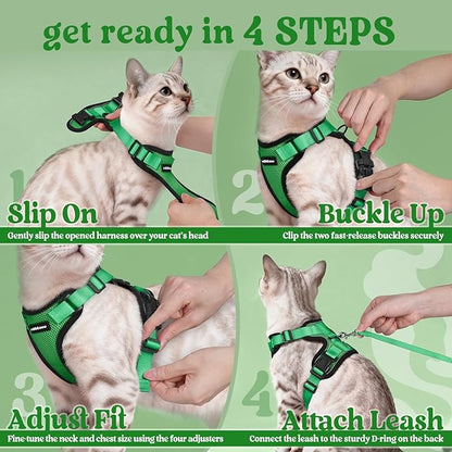 rabbitgoo Cat Harness and Leash for Walking, Escape Proof Soft Adjustable Vest Harnesses for Cats, Easy Control Breathable Reflective Strips Jacket, Grass Green, XS