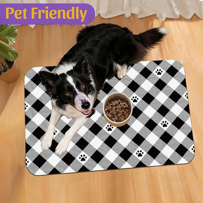 Cat Checked Plaid Dog Cat Food Mat, Absorbent Feeding Mat with Fast-Dry Surface, Rubber Backing for Messy Drinkers – 12x20 Inch