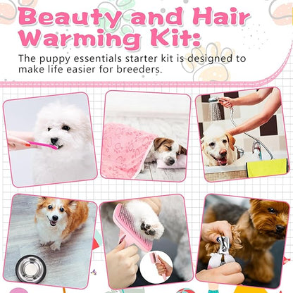 65 Pcs Puppy Supplies Starter Kit Small Dog Essentials Includes Dog Leash, Toys, Bowl, Brushes, Water Bottles, pet Blankets Puppy Accessories for New Welcome Gift Supplies(Cute,Pink)
