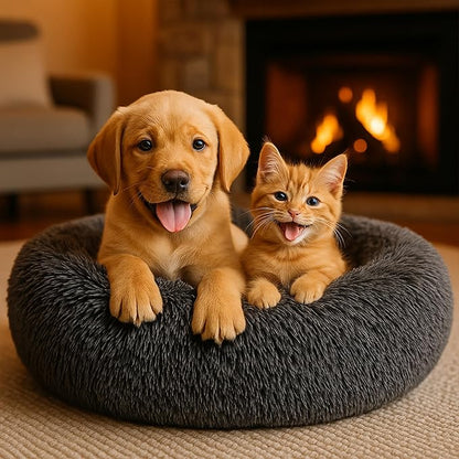 Calming Dog Bed - Fluffy Donut Cuddler for Anxiety Relief, Orthopedic Pet Bed with Non-Slip Bottom, Cozy Round Faux Fur Nest for Dogs and Cats, Plush Crate Mat for Comfort (Dark Grey, Large)