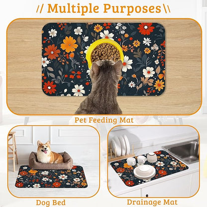 Floral Black Feeding Mat, Absorbent Quick-Dry Cat Dog Food and Water Bowl Mats,Non-Slip Rubber Backing Mat,Cat Dog Accessories Supplies 12" x 20"