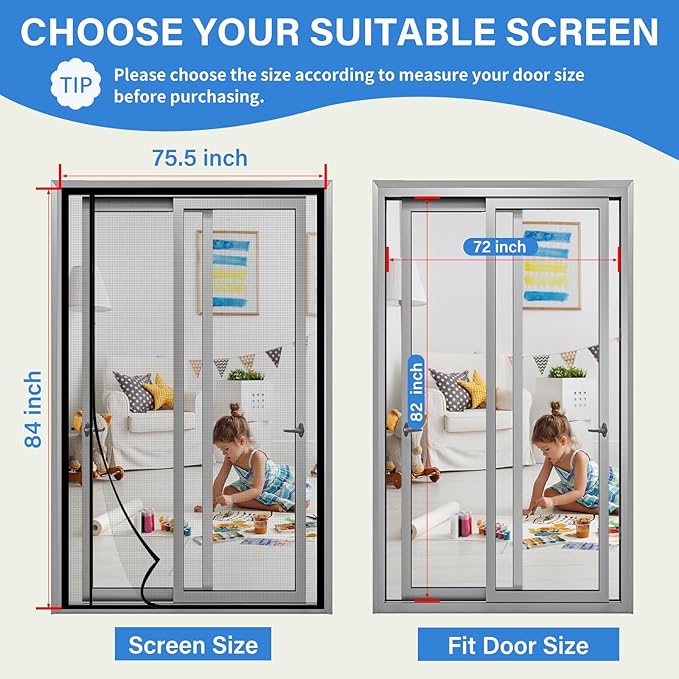 Magnetic Screen Door Left Right Side Opening Upgraded PET Mesh Greater Than Fiberglass and Polyester,Keep Bugs Out,Pet & Kid Friendly,Suitable for Sliding Doors,Patio French Doors-72" X 82"