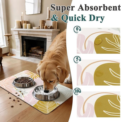 Topotdor Boho Dog Food Mat - Absorbent Quick-Dry Cat Bowl Mat for Food and Water, Non-Slip Pet Feeding Placemat for Messy Drinkers Dog Accessories Pet Supplies, 12"x20", Pink