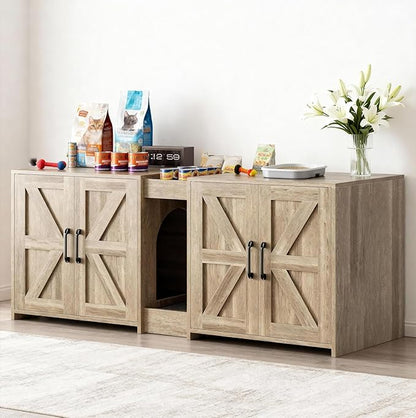 Cat Litter Box Enclosure Furniture - Hidden Litter Box Double Cabinet with Scratch Pad & Cats Bed | Farmhouse Style End Table for Cats | Discreet Cat Washroom for Living Room & Bedroom Grey