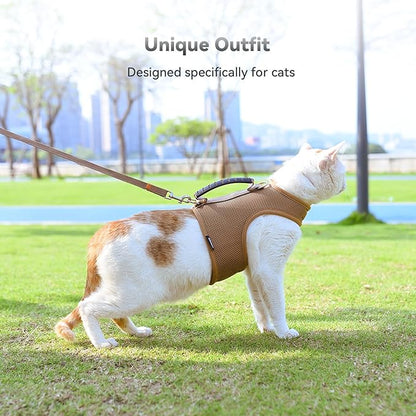 Cat Harness and Leash for Walking Escape Proof Breathable Mesh Fabric, Solid Brown, Large, Adjustable Cat Walking Jackets with Handle, Padded Stylish Cat Vest