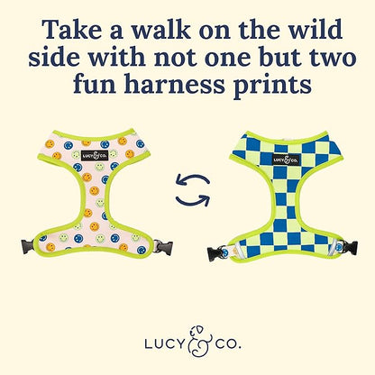 Lucy & Co. Lime Green with Blue Checker Smiley Faces, Cute Reversible Dog Harness Walking Halter - Best Designer Pet Harnesses for XS - XL Dogs - Padded Adjustable Vest for Easy Walking (Small)
