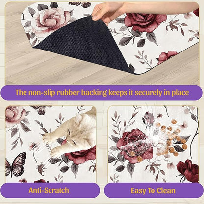 Vintage Flower Butterfly Dog Cat Food Mat, Absorbent Feeding Placemat, Waterproof Non-Skid Bottom – 16x24 Inch