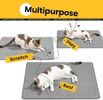 Cat Scratcher Mat,Natural Sisal Cat Scratch Pad with Hook&Loop Tape,Horizontal Floor Kitty Scratching Pads Rug for Indoor,Pet Furniture Protector for Couch&Carpets&Sofas, Large, Grey