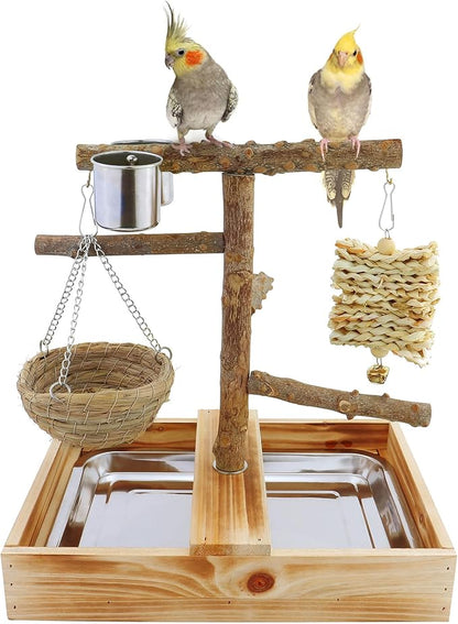 Mogoko Natural Bird Perches Playground, Cage Accessories, Toys Playground for Birds, Bird Perch Stand Parrot Stand, Includes 2 Stainless Steel Cups and Removable Tray