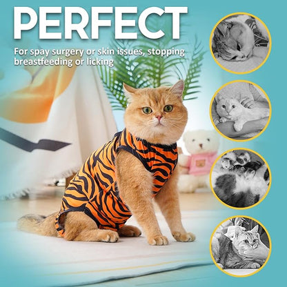 Avont Cat Recovery Suit - Kitten Onesie for Cats After Surgery, Cone of Shame Alternative Surgical Spay Suit for Female Cat, Post-Surgery or Skin Diseases Protection -Tiger(L)