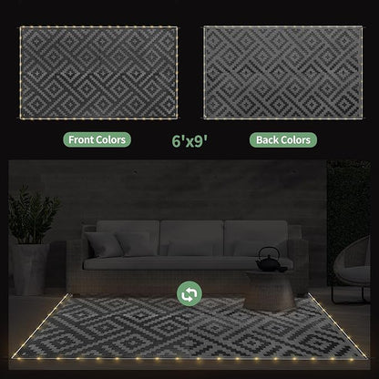GENIMO Outdoor Rug with LED Strip Lights, 6'x9' Waterproof Camping Mat, Reversible Plastic Straw Rugs for Patio, RV, Camper, Balcony, Backyard, Picnic, Deck, Black & Gray