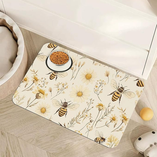 Bees Boho Daisy Floral Dog Food Mat for Floors,Absorbent Pet Food and Water Bowl Mats,Non-Slip Pet Feeding Mat,Pet Supplies 12" x 20"