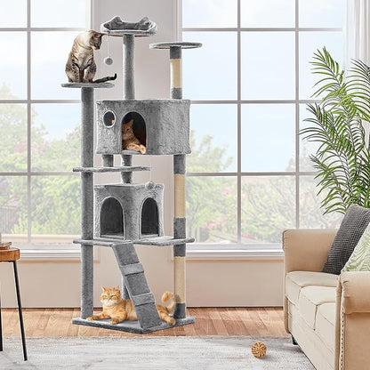 Yaheetech Tall Cat Tree, 80in Multi-Level Cat Tower with Scratching Posts, Double Caves, Perched Platforms and Dangling Balls, Pet Stand House for Kittens, Light Gray