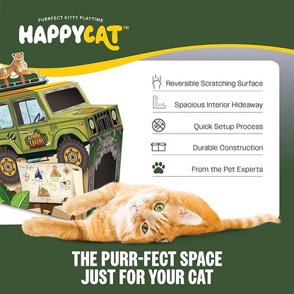 HappyCat Safari Truck Cat Scratcher House - Adventure-Themed Cardboard Cat Playhouse with Scratch Panels & Interior Space - Jungle Truck Theme Cat Activity Center