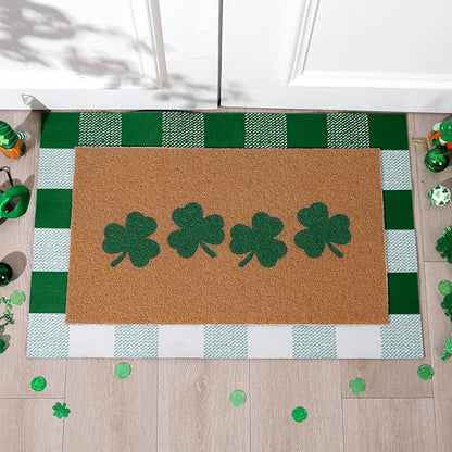 Tinideya 2 Pcs St. Patrick's Day Door Mat Shamrock Welcome Non Slip Green and White Coir Mats Floor Layering Doormats Seasonal for Front Porch Entryway Decor(Green White, St. Patrick's Day)